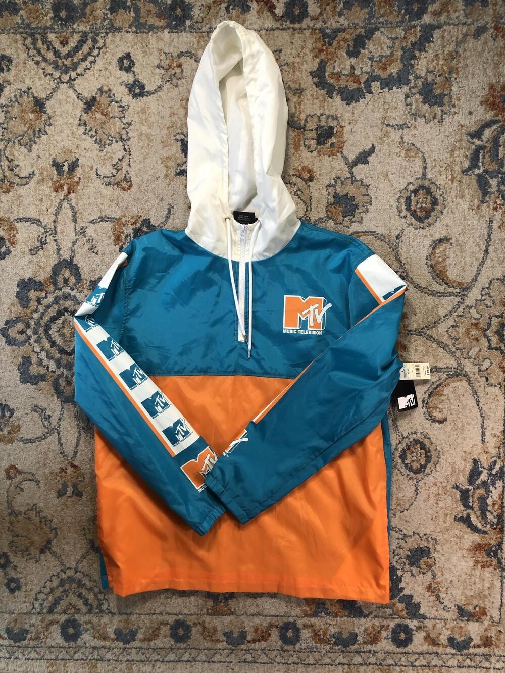MTV Jacket Mens XL Blue Orange Hooded Anorak 1/4 Zip Colorblock Logo Retro